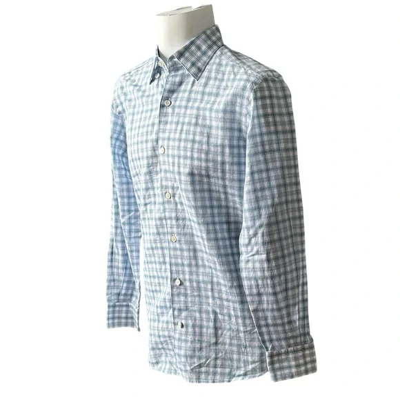 Ermenegildo Zegna Cotton Linen Check Shirt Blue White Small 14.5 - Picture 1 of 13